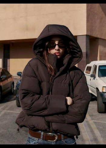 XS Kahverengi Kapüşonlu Kadın Mont - Görsel 4