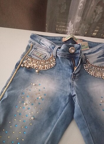 36 Beden Boncuk el işlemeli Jean kadın pantolon 