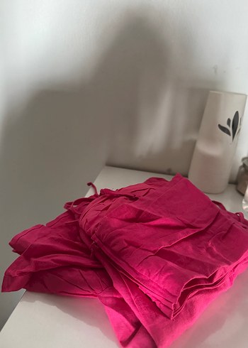 s Beden pembe Renk Keten Mini Fırfırlı Crop Takım