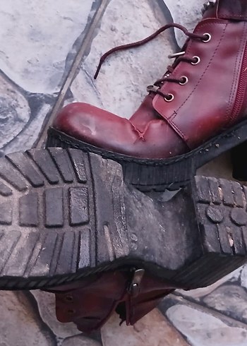 Bordo Deri Tokalı Platform Topuklu Kadın Bot - Görsel 4