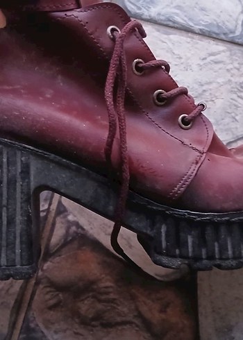 Bordo Deri Tokalı Platform Topuklu Kadın Bot - Görsel 3