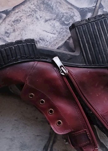 Bordo Deri Tokalı Platform Topuklu Kadın Bot - Görsel 6