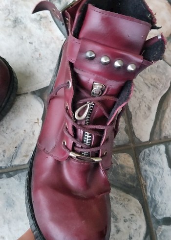 Bordo Deri Tokalı Blok Topuklu Punk Bot - Görsel 6