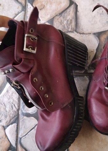 Bordo Deri Tokalı Blok Topuklu Punk Bot - Görsel 5