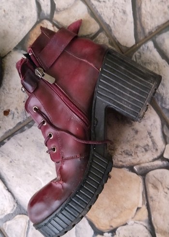 Bordo Deri Tokalı Blok Topuklu Punk Bot - Görsel 2