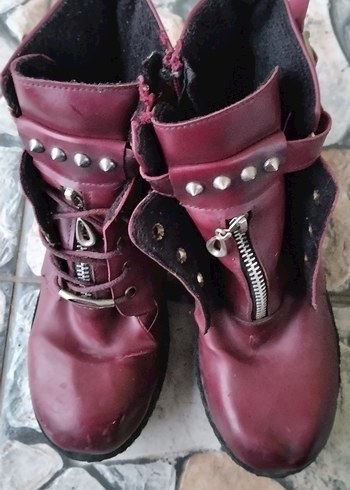 Bordo Deri Tokalı Blok Topuklu Punk Bot - Görsel 4