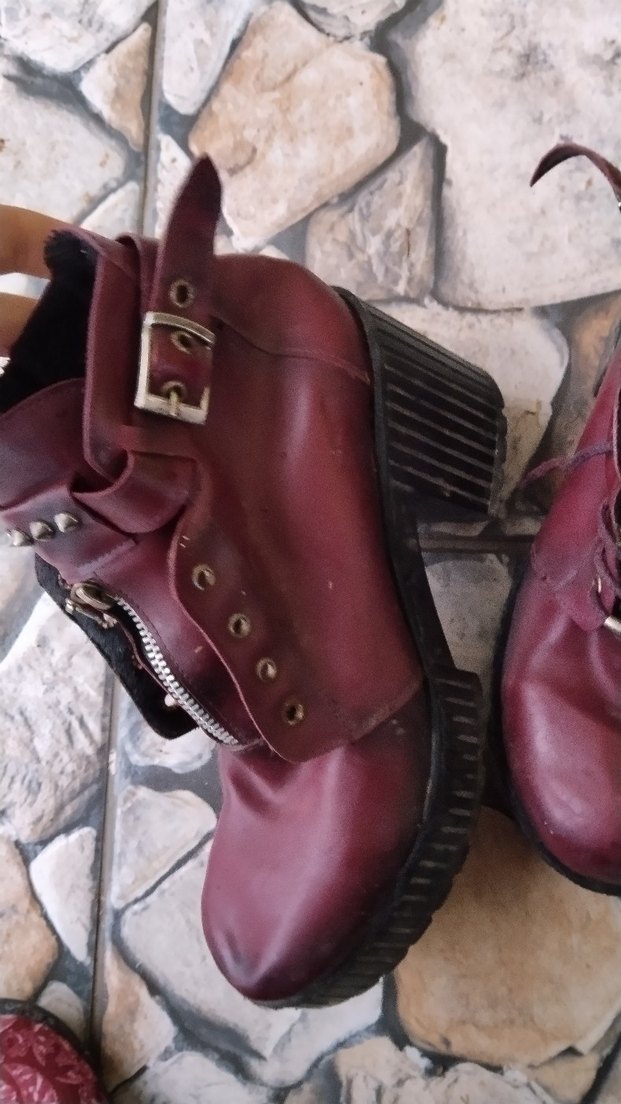 Bordo Deri Tokalı Blok Topuklu Punk Bot - Görsel 5