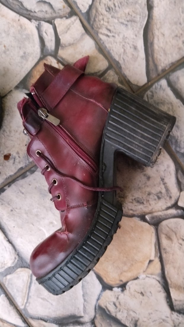 Bordo Deri Tokalı Blok Topuklu Punk Bot - Görsel 2