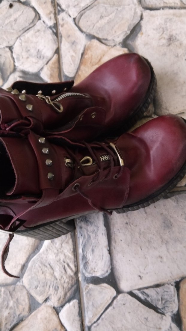 Bordo Deri Tokalı Blok Topuklu Punk Bot - Görsel 3