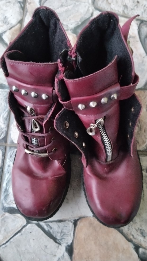 Bordo Deri Tokalı Blok Topuklu Punk Bot - Görsel 4