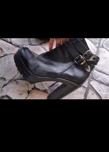 Siyah Deri Platform Topuklu Kadın Bot - Görsel 5