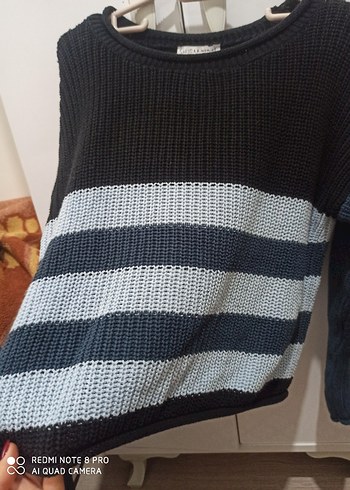 Gri Çizgili Kadın Triko Kazak - Görsel 2