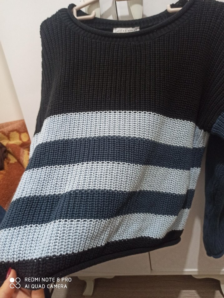 Gri Çizgili Kadın Triko Kazak - Görsel 2