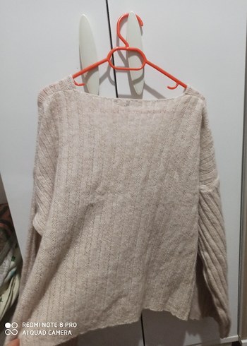 Bej V Yaka Örgü Kadın Kazak - Görsel 3