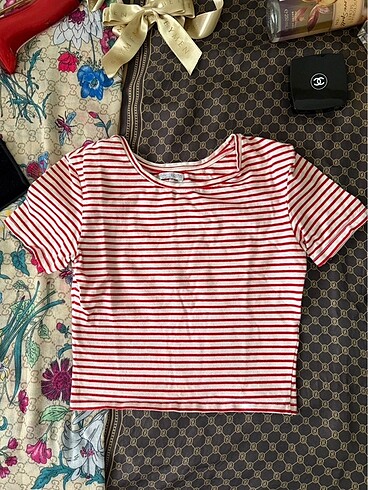 Zara kırmızı beyaz çizgili crop tok kumaş