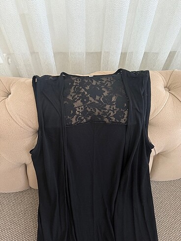 Beyoğlu Butik Siyah kolsuz dantel detaylı hırka tunik