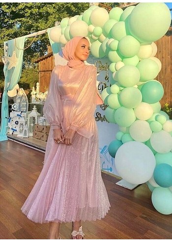 Pembe Drapeli Uzun Abiye Elbise