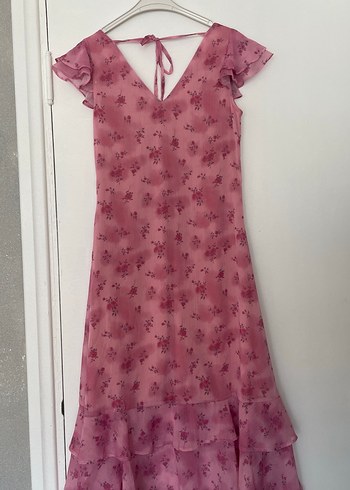 Zara Pembe Midi Boy Fırfırlı V Yaka Elbise