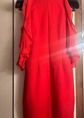 Nar çiçeği Volanlı Kadın Abiye Elbise - Görsel 2