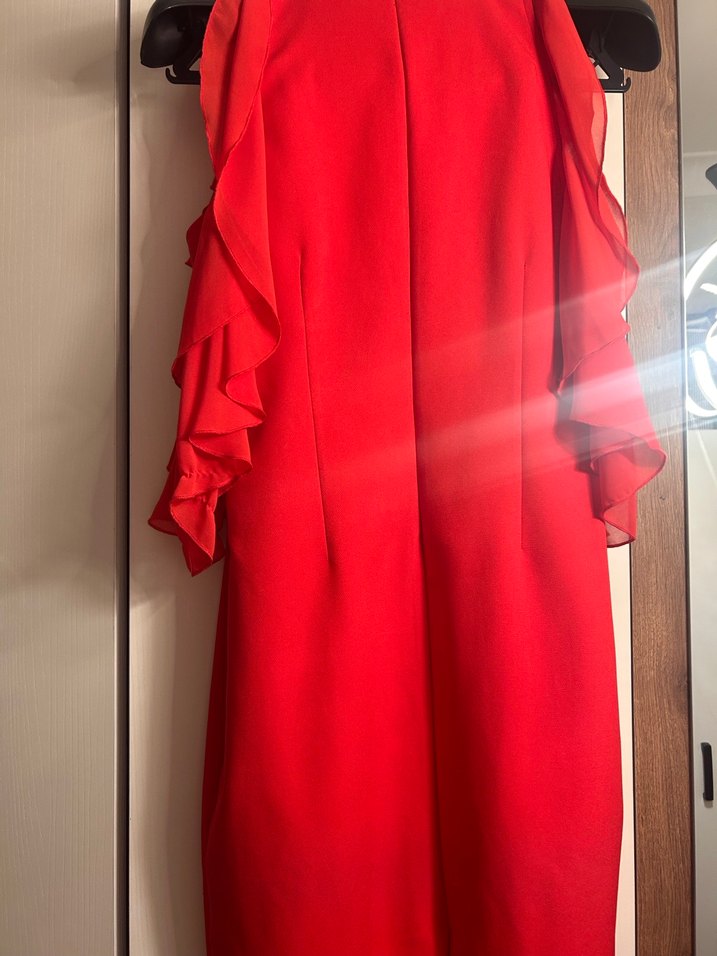 Nar çiçeği Volanlı Kadın Abiye Elbise - Görsel 2