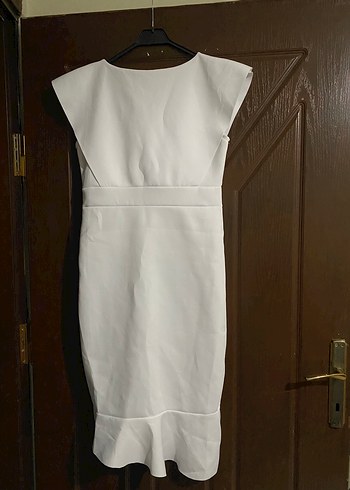 Beyaz V Yaka Fırfırlı Uzun Abiye Elbise - Görsel 2