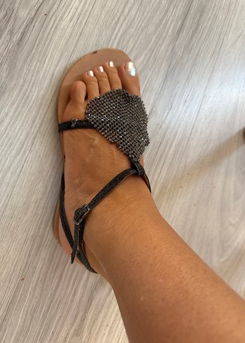 Gri parlak  Boncuklu Stiletto Topuklu Kadın Sandalet - Görsel 3