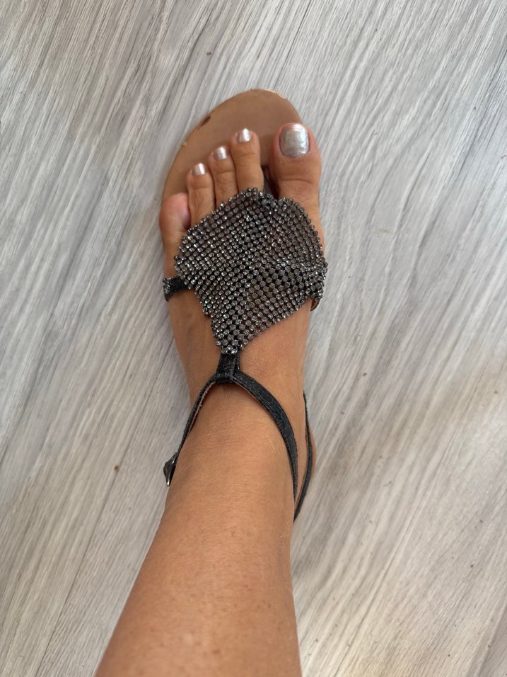 Gri parlak  Boncuklu Stiletto Topuklu Kadın Sandalet - Görsel 4