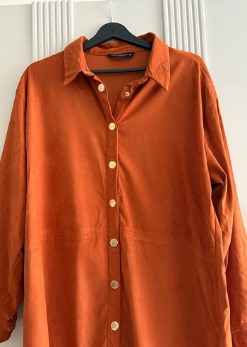 Düğmeli kiremit Süet Midi Gömlek - Görsel 7