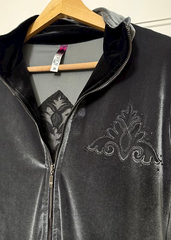 Gri Kadife Fermuarlı Uzun Kollu Ceket - Görsel 2