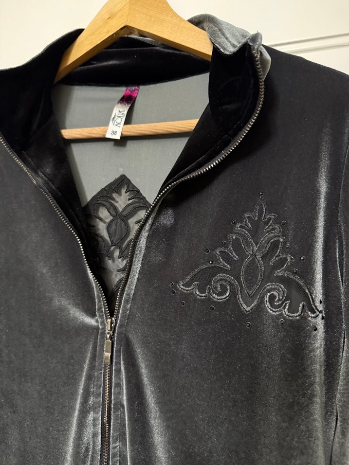 Gri Kadife Fermuarlı Uzun Kollu Ceket - Görsel 2