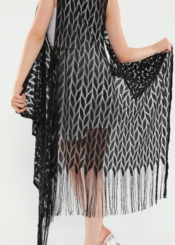 Siyah Dantelli püsküllü pareo Yelek - Görsel 2