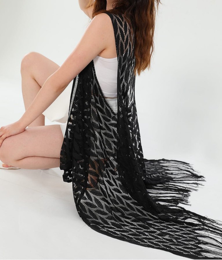 Siyah Dantelli püsküllü pareo Yelek - Görsel 4