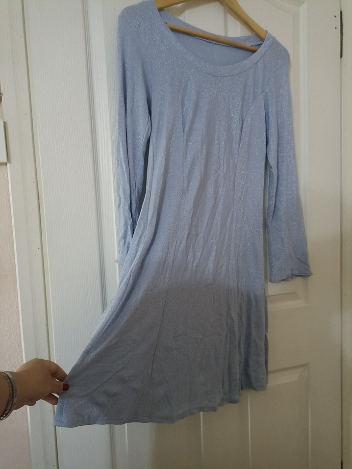 Uzun Kollu mavi simli Midi  Elbise - Görsel 3