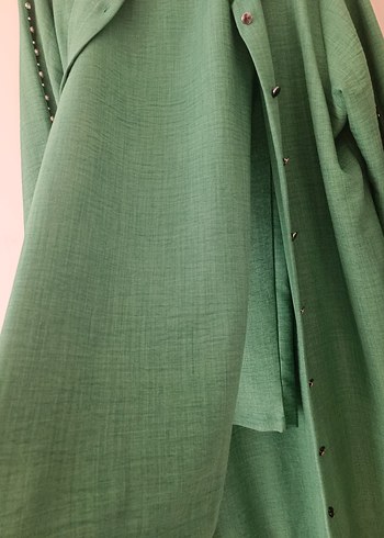 Düğmeli Yeşil Keten Uzun Kadın ikili takım - Görsel 7