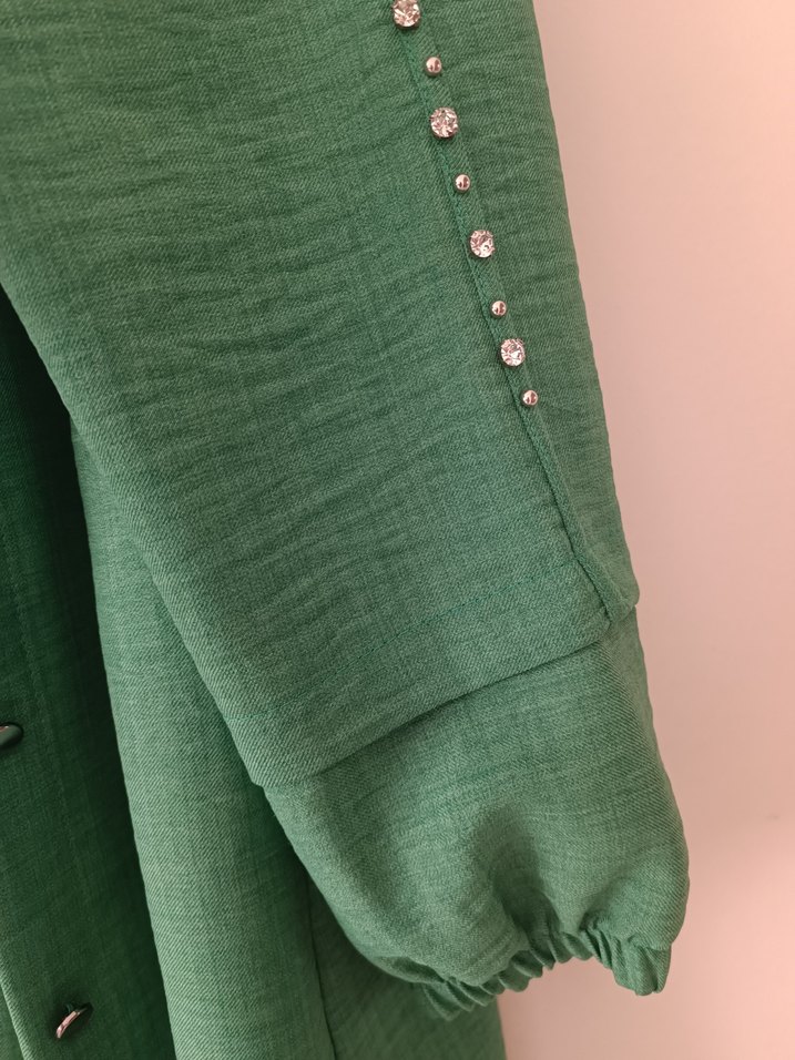 Düğmeli Yeşil Keten Uzun Kadın ikili takım - Görsel 5
