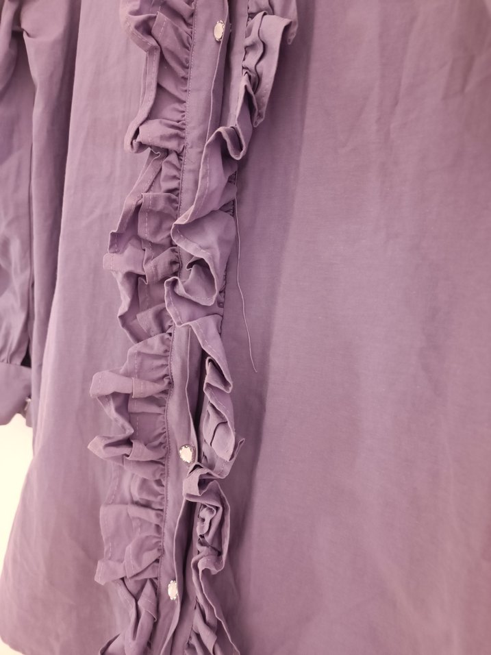 Kadın Mor Keten Fırfırlı Uzun Kollu Gömlek - Görsel 3