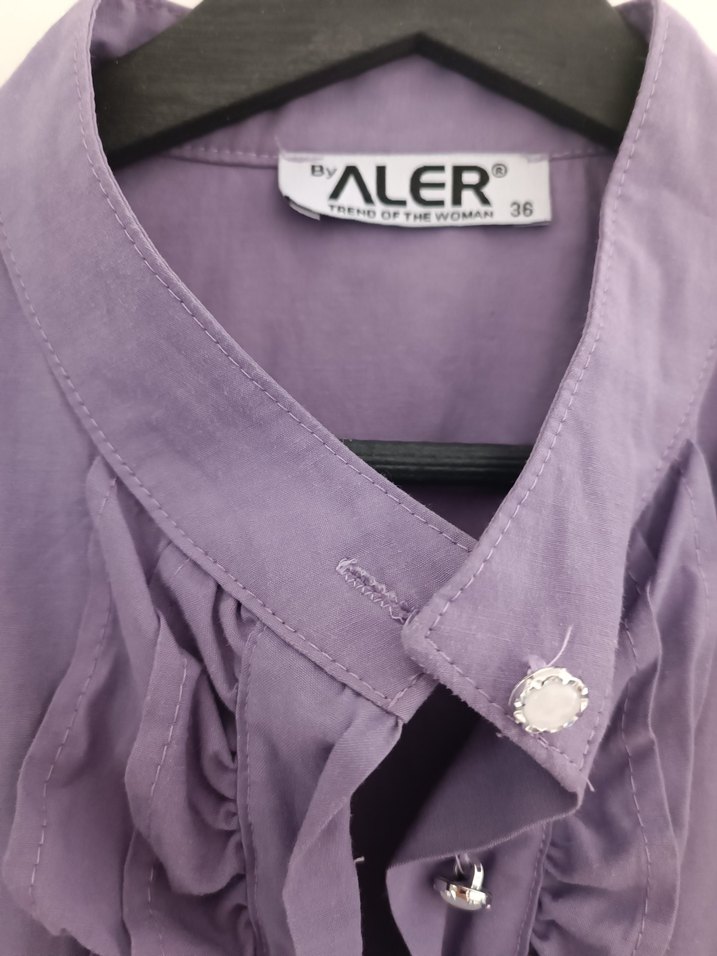 Kadın Mor Keten Fırfırlı Uzun Kollu Gömlek - Görsel 4