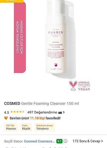 Cosmed hassas ciltler için temizleyici köpük