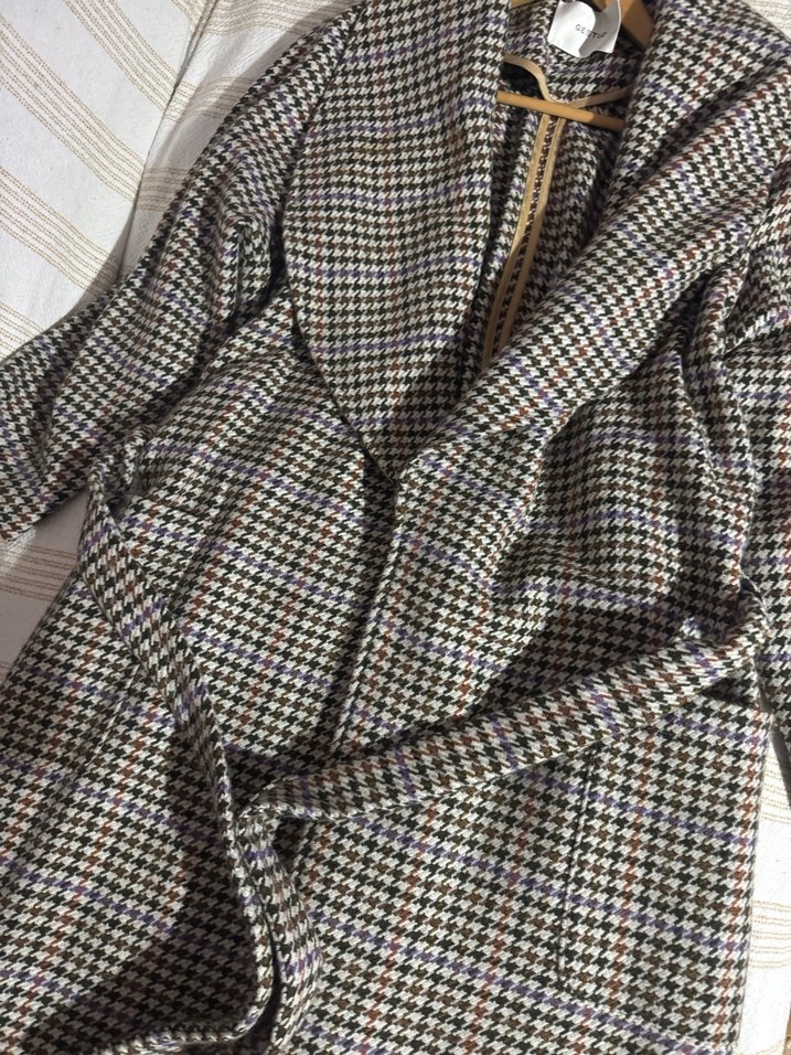 Drapeli Ekose Desenli Uzun Kadın Kaban - Görsel 2