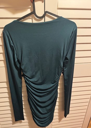 Uzun Kollu Drapeli Turkuaz elbise. - Görsel 3