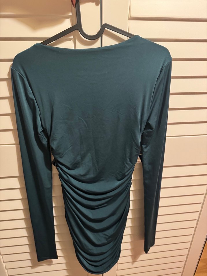 Uzun Kollu Drapeli Turkuaz elbise. - Görsel 3