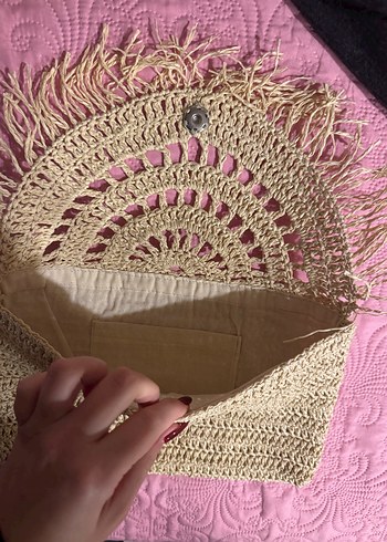 Bej Nakışlı Örgü Bohem Kadın Portföy Çanta - Görsel 2