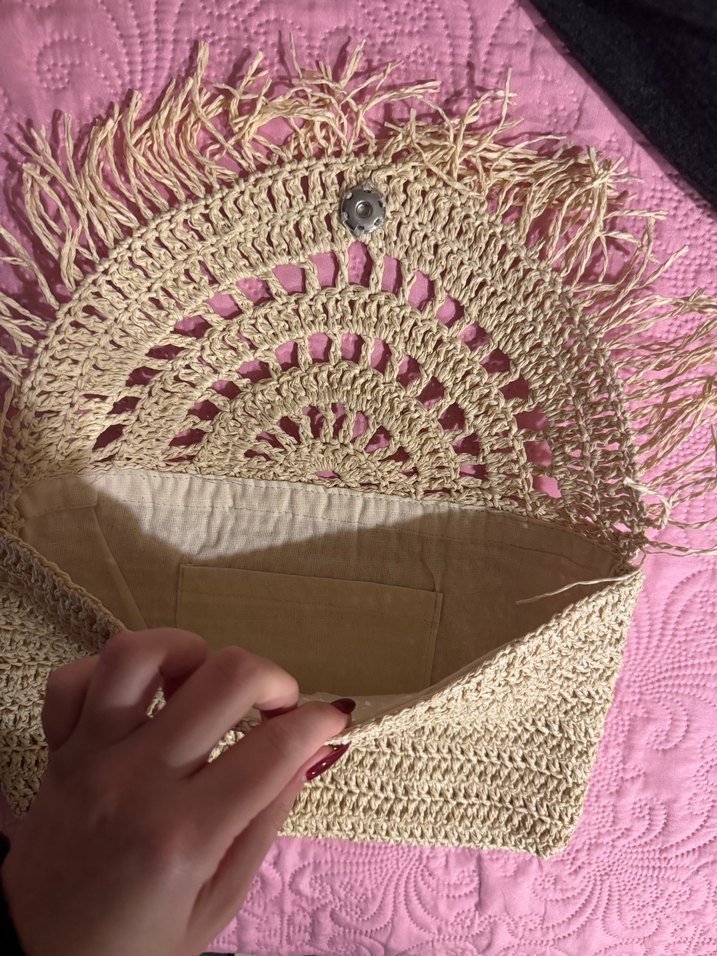 Bej Nakışlı Örgü Bohem Kadın Portföy Çanta - Görsel 2