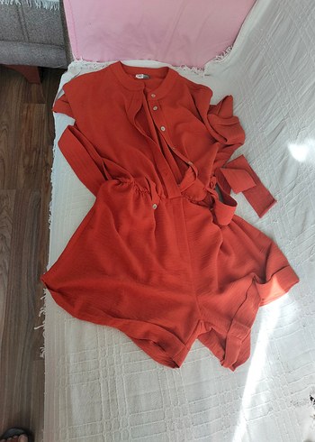 Kırmızı Keten sort takım yarım kollu - Görsel 2