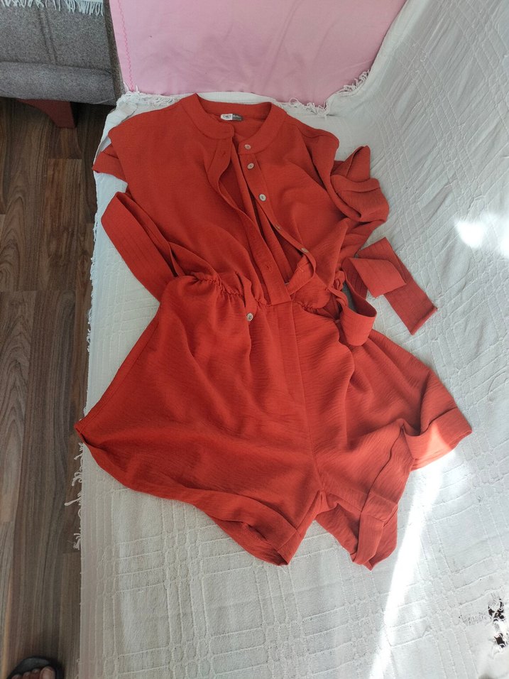 Kırmızı Keten sort takım yarım kollu - Görsel 2