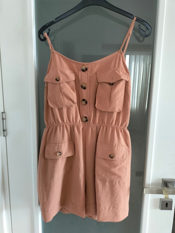 Bej Düğmeli Keten Askılı Tulum - Görsel 2