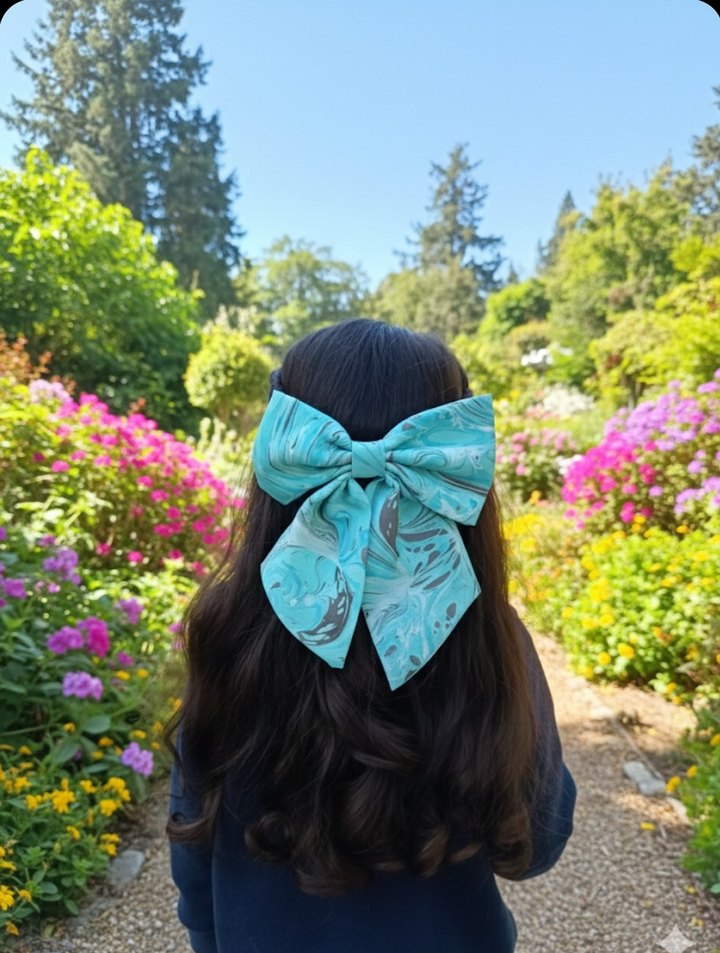 Turkuaz gerçek ebru  Fiyonk Saç Aksesuarı - Görsel 2