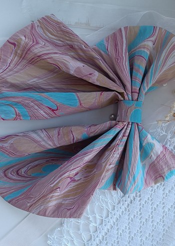 Renkli Pastel Kumaş Fiyonk gerçek Ebru Saç Aksesuarı - Görsel 2