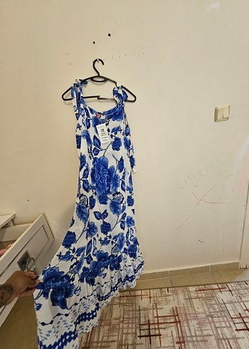 Mavi Beyaz Uzun Askılı Bohem Elbise