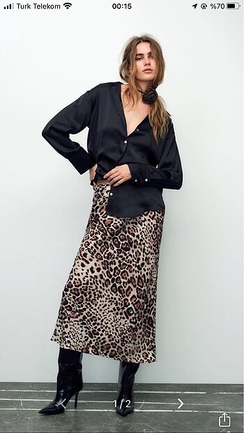 ZARA LEOPAR DESENLİ SATEN MİDİ ETEK
